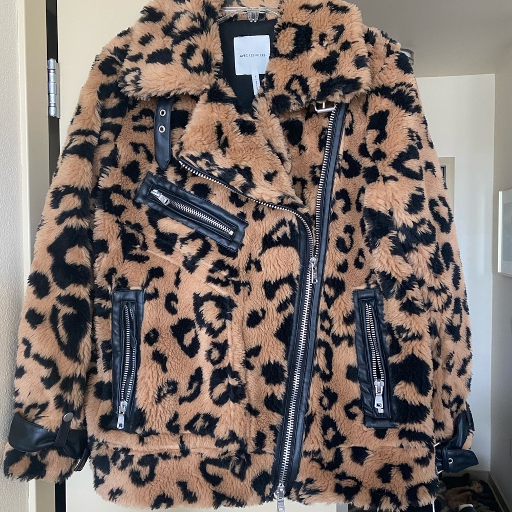 Avec Les Filles leopard teddy faux fur biker jacket